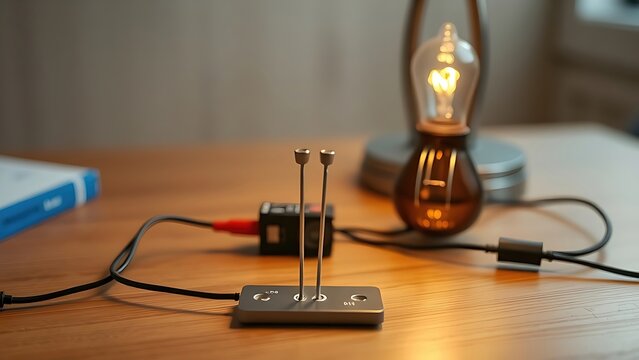 electromagnet. A simple circuit on a wooden table, a nail jumps towards a wire coil. symbolizing technological progress and responsible innovation.