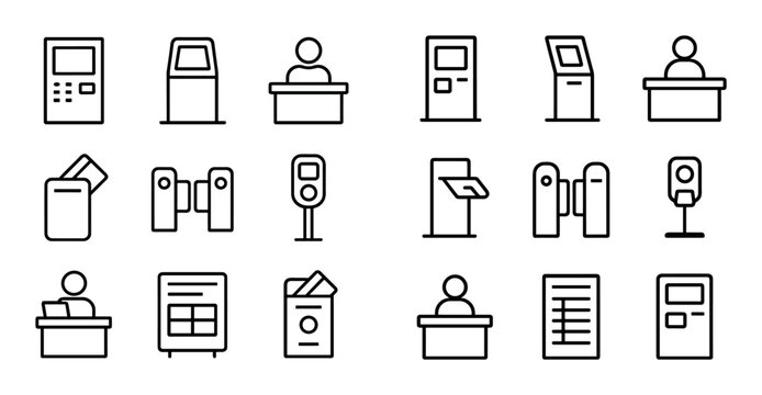 Self service kiosks and turnstiles arranged in grid
