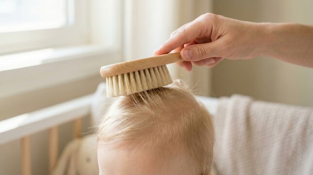 Adult hand brushing fine blonde hair of an infant with a natural wooden soft bristle brush in a bright room