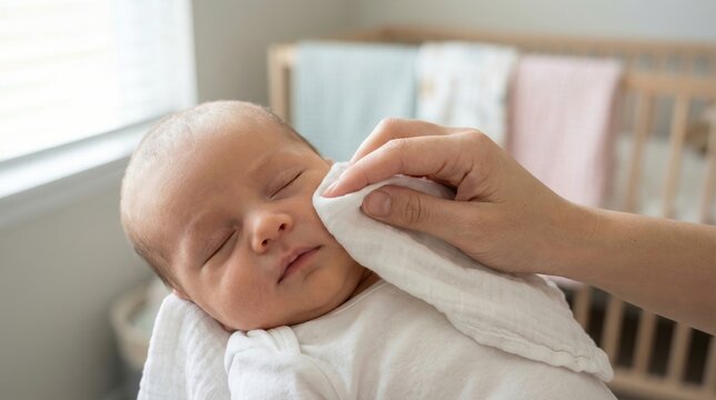 Close up of a hand cleaning a sleeping newborn baby face with a white cotton muslin cloth in a home nursery