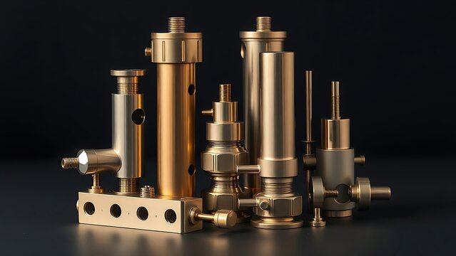 sardonyx. A composition of polished brass and steel cylinders arranged on a dark background. safety posters, maintenance manuals, designed for precision metalworking and fabrication facilities.