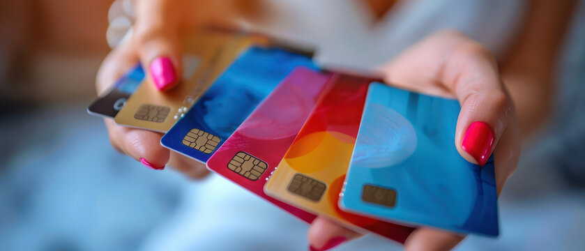 Close up of woman hands holding multiple colorful credit cards, symbolizing consumer spending, banking services, debt, payment options and personal finance management.