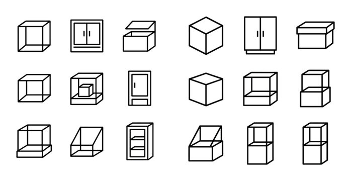 Assorted storage box and cabinet outline icons on white