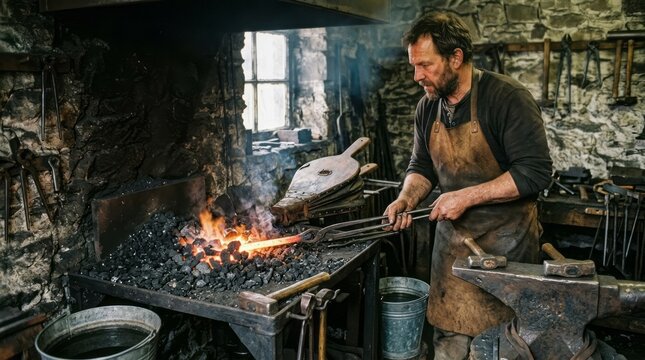 Blacksmith Working in Traditional Forge Blacksmith Forge Metalworking Craftsmanship Traditional Fire Tools. Concept featuring blacksmith, forge, metalworking, craftsmanship, traditional for profess...