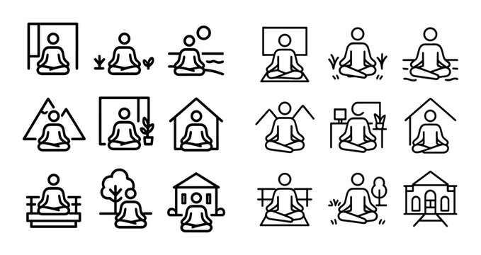 Meditation figure practicing seated pose across varied settings