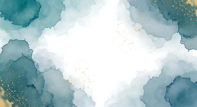 Abstract watercolor background with blending blue, green, and gold hues, soft textures and central white space for copy, abstract texture
