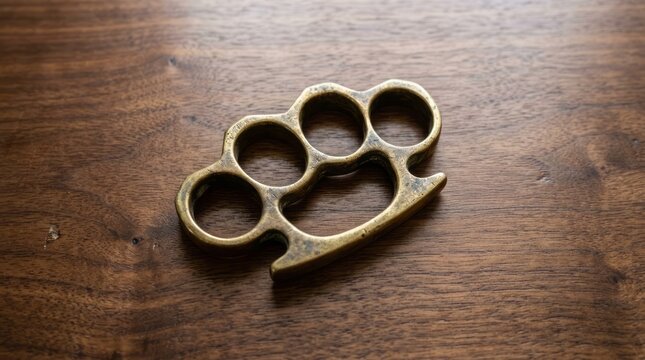 Vintage Brass Knuckles on Wooden Surface Brass Knuckles Vintage Metal Weapon Self-Defense Accessory Wooden Surface. Concept featuring brass knuckles, vintage, metal, weapon, self-defense for profes...
