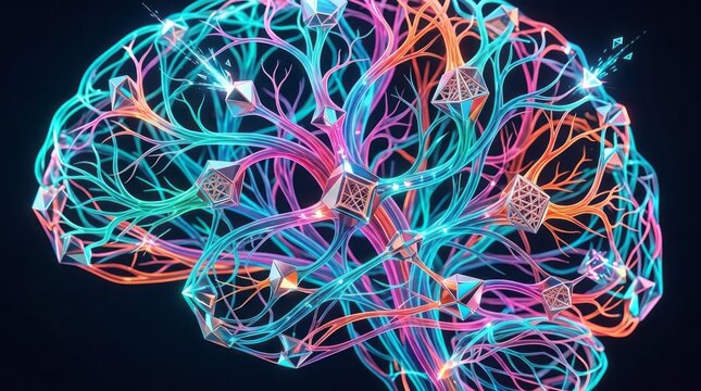 Colorful Abstract Brain Illustration Brain Neural Network Colorful Technology Creativity Science Neuroscience. Concept featuring brain, neural network, colorful, technology, creativity for professi...