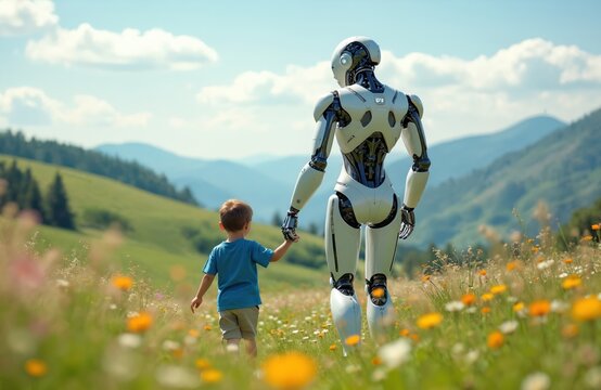 Child holds robot hand walking in green meadow with flowers. Future technology and human bond, artificial intelligence companion helps kid explore nature, scenic mountains background, sunny day.
