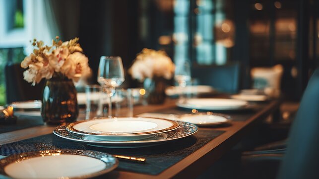 A beautifully set dining table with plates, glasses, and flowers in a restaurant setting indoors.