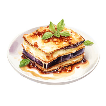 Watercolor Eggplant Parmigiana Illustration - Traditional Italian Melanzane alla Beka Clipart with Basil and Tomato Sauce
