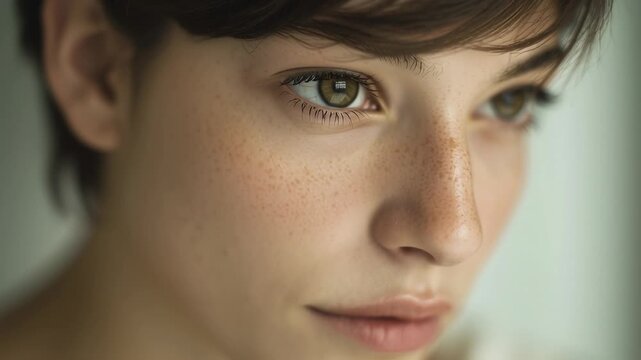 Close up portrait of young woman with natural freckles and soft skin in gentle light highlighting beauty and authenticity