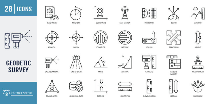 Geodetic survey icon set. Icons related to survey, datum, benchmark, elevation, latitude, longitude, coordinate, topography, azimuth. Outline icon set. Vector illustration with editable stroke