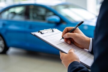 Naklejka premium Person filling out form with car in background