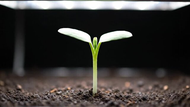 Time lapse of a seedling growing from soil under grow lights, showing plant growth.