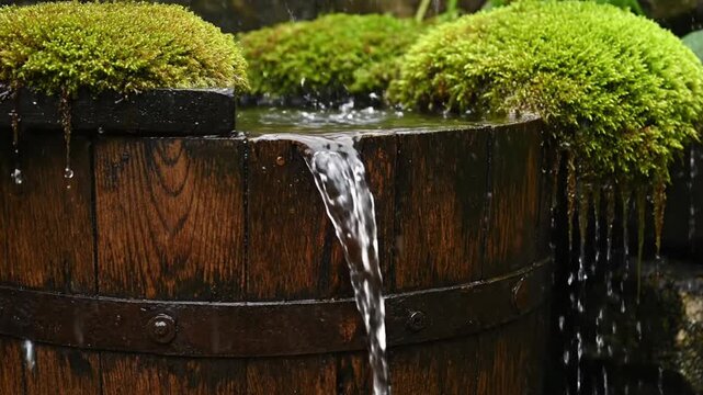 Tranquil Japanese Garden Zen Water Feature: Mossy Barrel Fountain