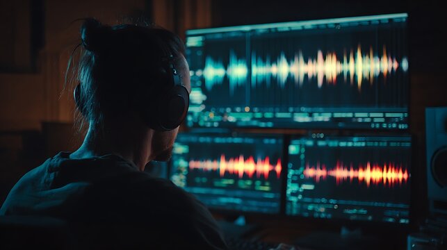 Person editing audio waveform on multiple screens in dark studio environment. Back view of sound engineer working on music production software. Audio editing, podcast and digital media concept.