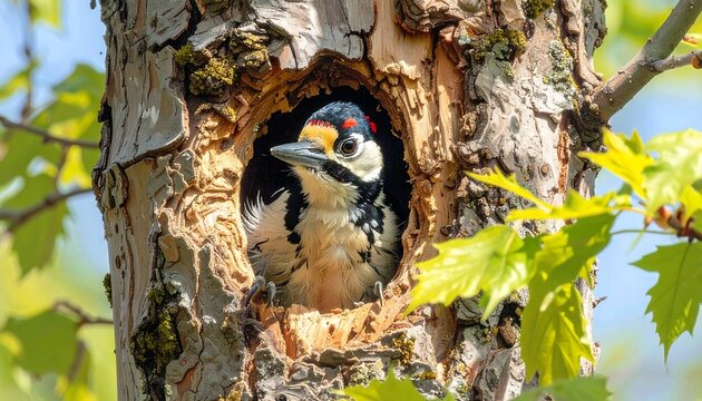 A woodpecker peers out from a tree cavity