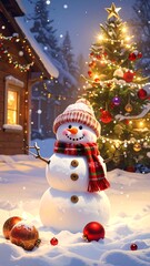 Obraz premium A snowman in front of a house and Christmas tree in a snowy scene