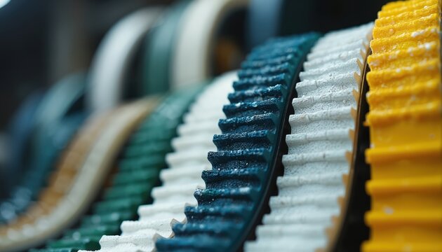 Close-up view of colorful toothed belts used in industrial machinery. Conveyor belts in blue, white, yellow, green hues arranged in row. Components show wear, tear from ongoing use. Mechanical parts
