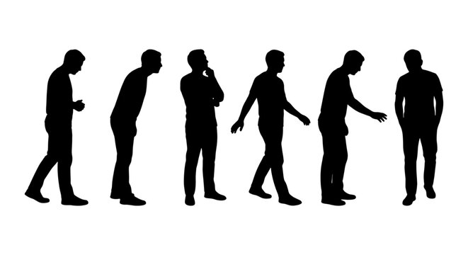 Black male silhouettes in various poses, set of 6 man silhouette vectors, standing and walking male figures, casual men character outlines