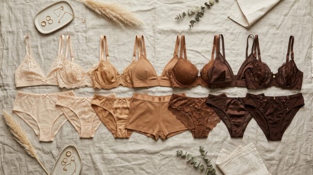 Elegant flat lay of diverse women's lingerie sets in a wide gradient of nude and brown skin tones, promoting body positivity, inclusivity, and natural beauty on a minimalist background.