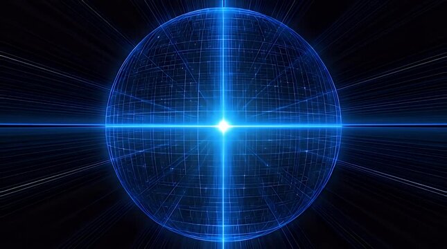 Rotating zoom into glowing blue digital sphere with no people