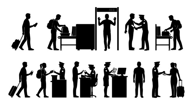 Airport security silhouettes set, passengers at customs and passport control, travelers with luggage at metal detector and xray scanner, vector icons