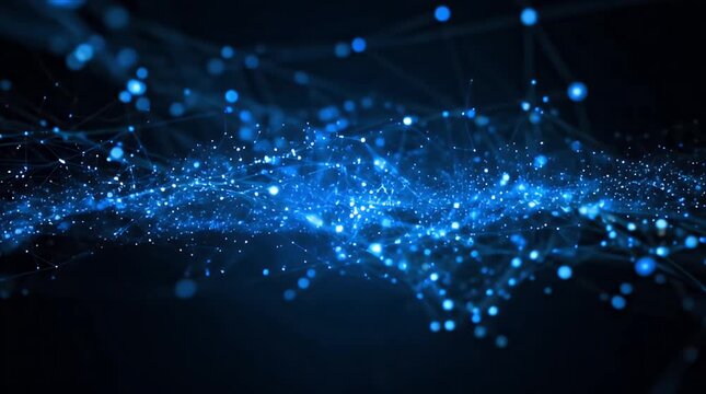 Slow motion of blue digital particle waves with network lines in empty space
