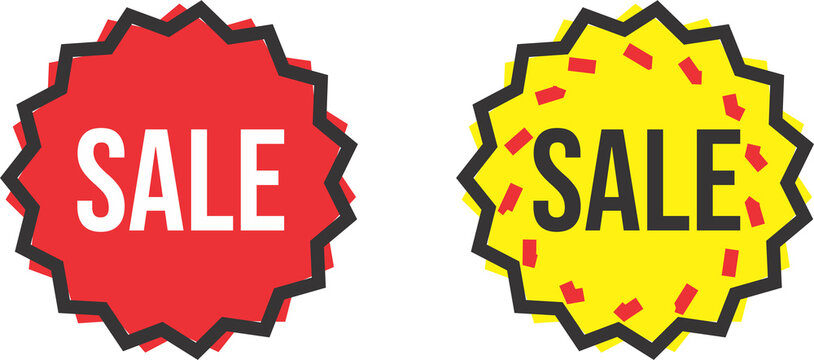 Two vibrant starburst sale badges, one red and one yellow, featuring the word 'SALE' in bold white lettering, ideal for promotional use