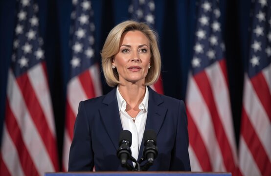Woman speaks at podium before American flags. She wears a dark suit and white shirt. Official looks serious during political conference event. Focus on presentation.