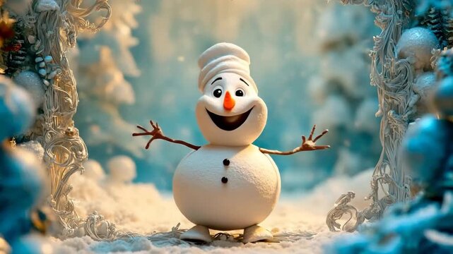 Cartoon snowman with exaggerated features joyfully hopping in a snowy winter landscape