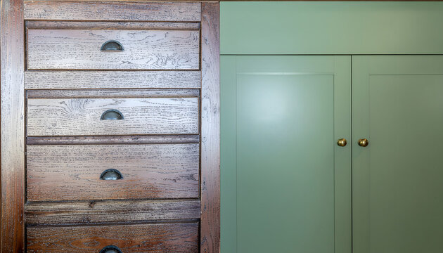 Design d'int&eacute;rieur moderne associant une commode en bois rustique et des placards contemporains vert sauge.