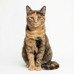 Fototapeta premium Attentive Cat Sitting Straight Isolated on White Background Studio Photo
