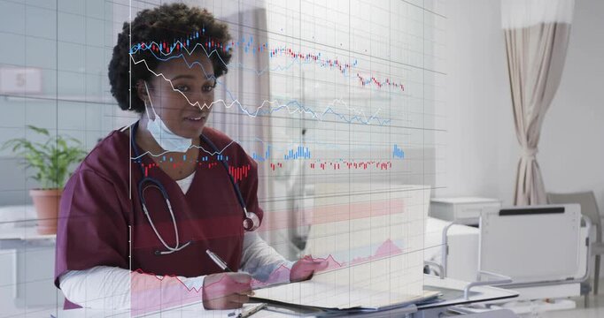 Data overlay appearing over clinic desk, nurse reviewing charts and marking folder, verifying data