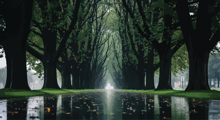 Symmetrical Tree Lined Road with Water Reflection and Distant Light © hum lab