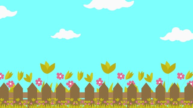 4K parallax background of a beautiful spring garden full of blooming flowers, wooden fence ideal for video game levels, website backgrounds and creative video overlays.
