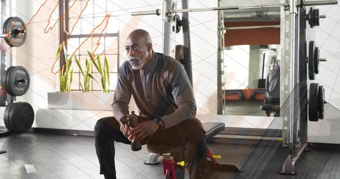 Man sitting on gym bench reaching for shaker, drinking, recovering, orange graphics overlaying him
