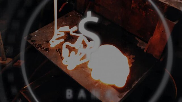 Molten stream pouring from top onto plate, forming pool and strands for casting under bank overlay