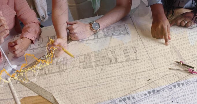 3 women working on design, center marking pencil, right pointing and causing graphs to refine plan