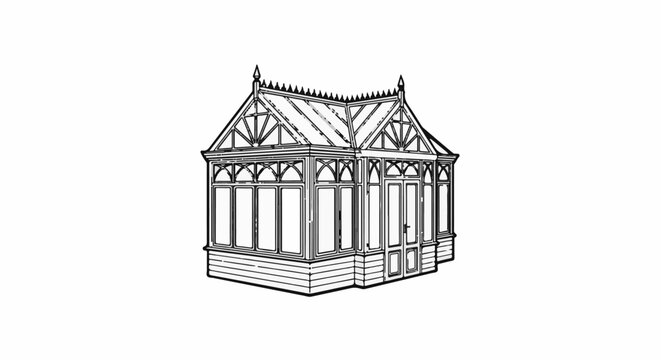 Detailed line drawing of a Victorian-style conservatory with ornate roof and multiple windows