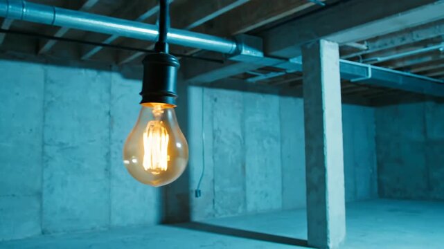 コンクリートの地下室で揺れる電球。工業的な空間に吊るされたエジソンランプ。孤独な照明の演出