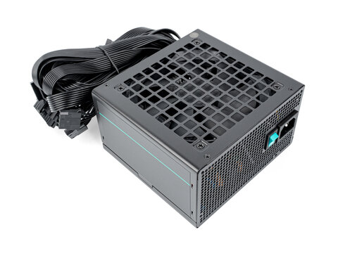 Computer power supply unit isolated on white background. Power supply for motherboard computer.	
