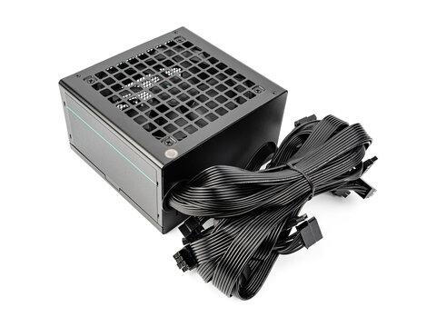 Computer power supply unit isolated on white background. Power supply for motherboard computer.	
