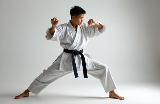 Teenage boy in karate gi, black belt performs dynamic blocking stance. He trains martial arts, practicing combat techniques with focus, discipline. Youthful athlete demonstrates self defense skills.