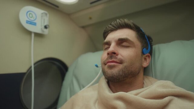 Woman doing hyperbaric oxygen therapy in a modern wellness clinic, embracing recovery, cellular regeneration, mental clarity, and biohacking trends for longevity, holistic health, and optimal performa