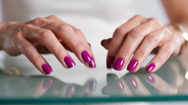 ガラスのテーブルを指先で叩く女性の手。紫色のマニキュア。待機やリズムの表現