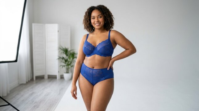 Beautiful curvy African American woman in blue lingerie smiling confidently in a studio. Body positive and empowering portrait.