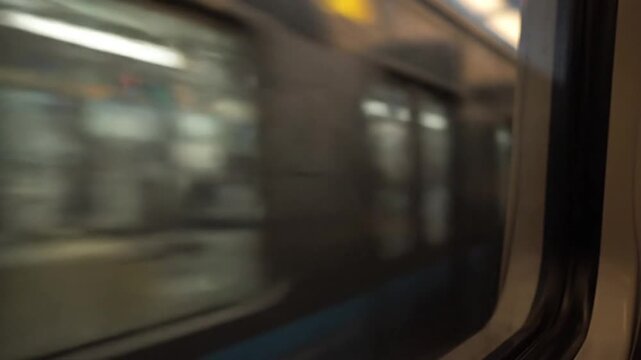 View from train window, motion blur, city lights passing by, urban transport at night