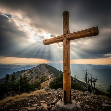 Wooden cross on mountain peak landscape.